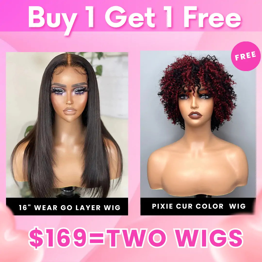 Bogo Sale: $169= 16" Wear Go Glueless Layer StraightWig + Pixie Cut Color Bob Wig