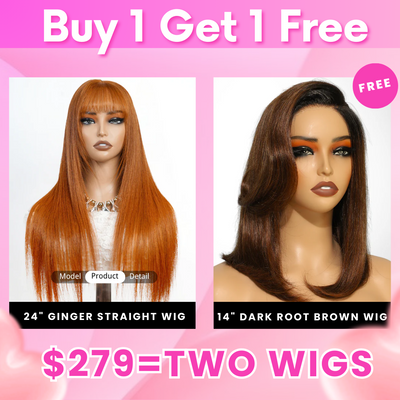 Bogo Sale $279= 24" Ginger Straight Wig + 14" Dark Root Brown Straight Bob Wig