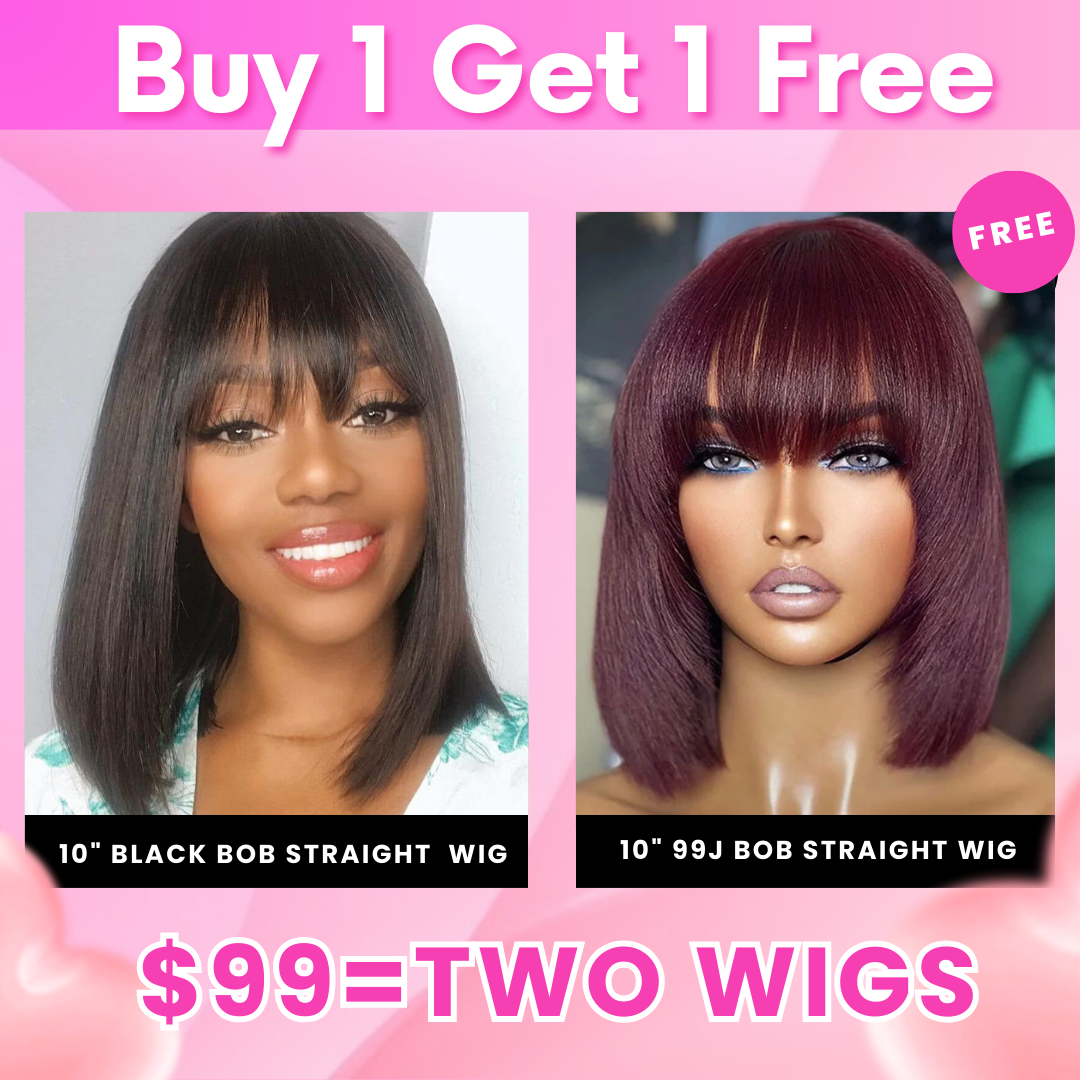 Bogo Sale: $99= 10" Bob Straight Wig With Bangs Natural Color + 10" Bob Straight Wig With Bangs Ombre Color