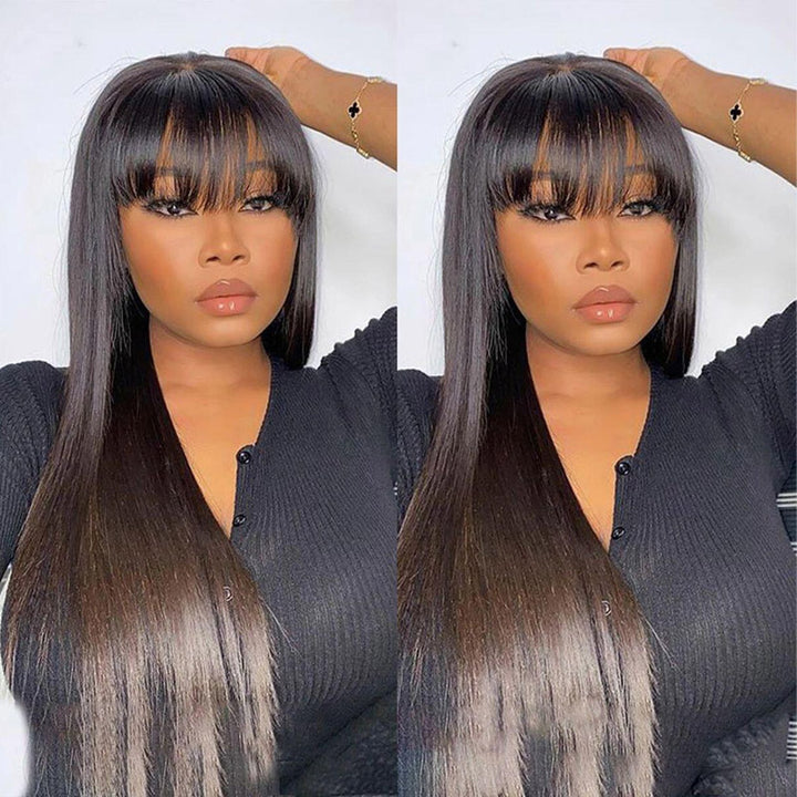 Bone Straight Human Hair Wigs with Bangs Glueless Straight 13x4 Lace Front Wig Pre Blucked