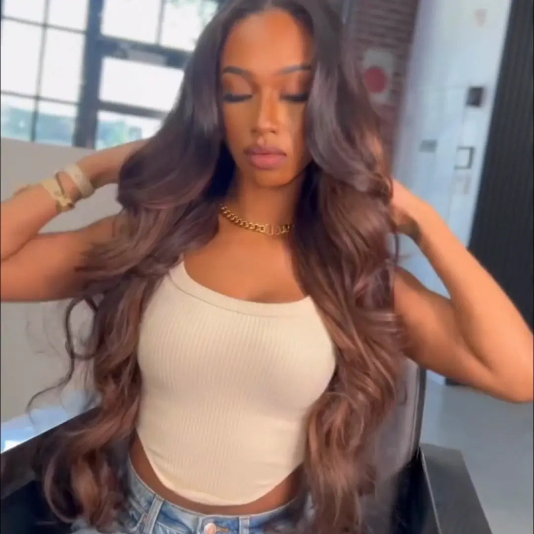 Brown Body Wave Glueless Wig Black Hair with Chestnut Brown 13x4 Highlights Lace Front Wig