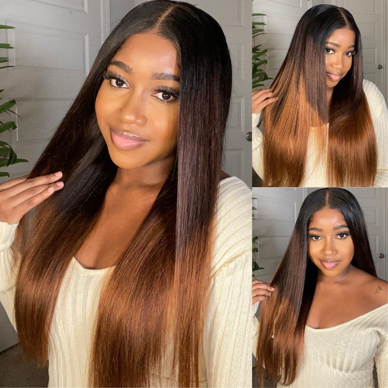 Brown Straight Glueless Wigs T1B/2/4 Ombre 13X4 Lace Front Wig Human Hair Pre Plucked