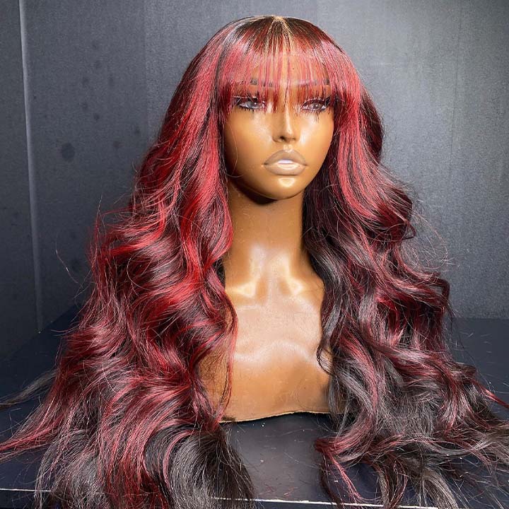 Burgundy With Black Highlight Red 13x4 Lace Frontal Wig Body Wave Human Hair Wigs With Bangs Glueless Pre Plucked
