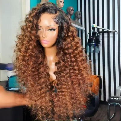 Caramel Brown Wand Curly 13x4 Lace Front Wig With Dark Root Wig Ombre Color HD Lace Human Hair Wigs