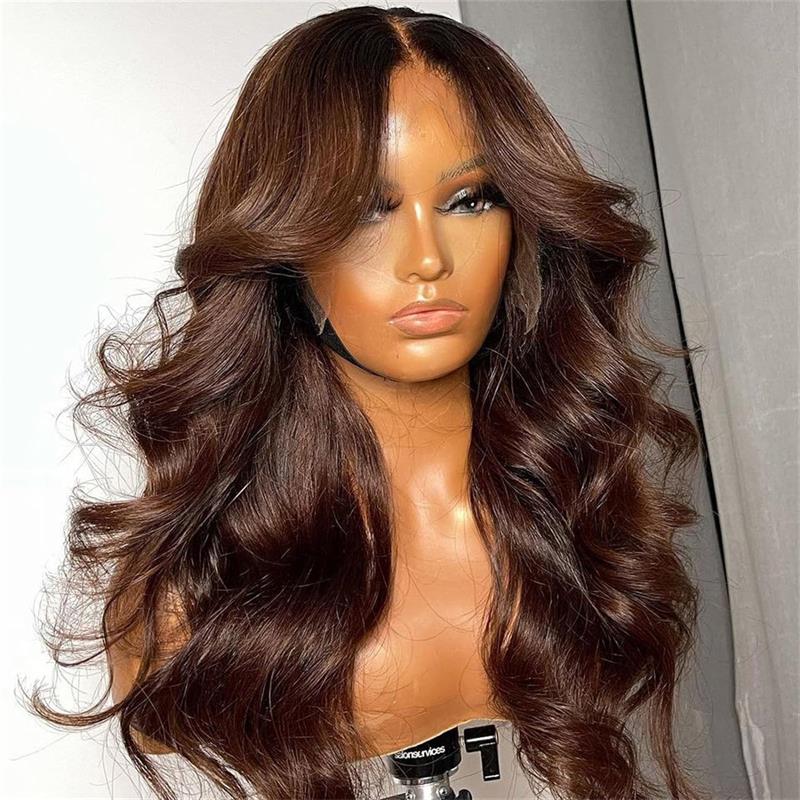 Chestnut Brown Body Wave Glueless 5x5 HD Lace Closure Wig Easy to Wear Lace Human Hair Bob Wigs With Curtain Bangs-GeetaHair