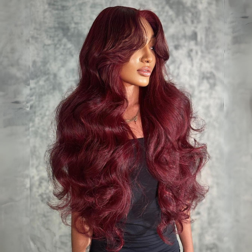 Curtain Bangs Burgundy Colored Glueless Human Hair Wigs Body Wave 13x4 Transparent Lace Front Wig