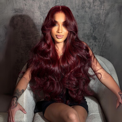 Curtain Bangs Burgundy Colored Glueless Human Hair Wigs Body Wave 13x4 Transparent Lace Front Wig