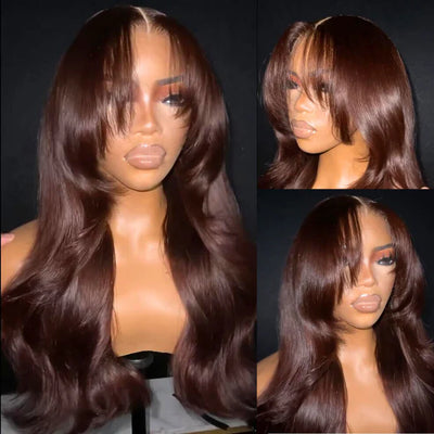 Curtain Bangs Glueless Wigs Body Wave Lace Front Wig Brown Colored Wig 180% Density