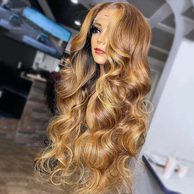 Perruques sans colle à franges rideau Blonde miel Body Wave Wear Go HD Lace Wig 180% de densité