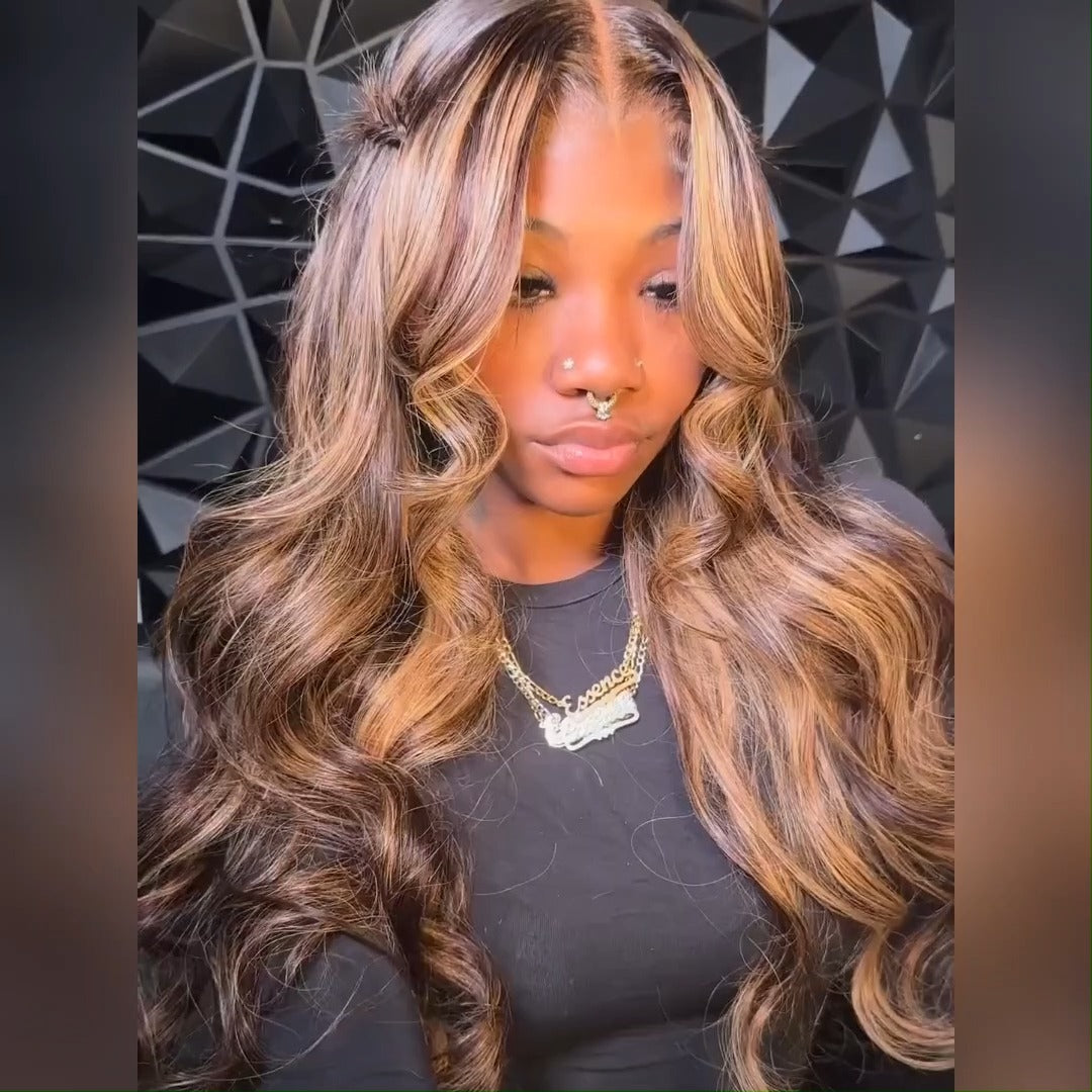 Curtain Bangs Honey Blonde Body Wave Lace Front Wigs Highlight Brown HD Lace Human Hair Wigs