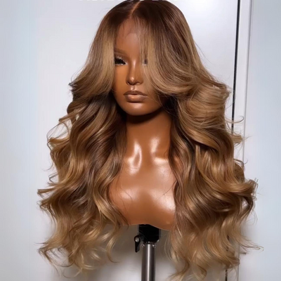 Dark Brown Curtain Bangs 13x4 Lace Front Wig Brown with Blonde Highlights Lace Front Human Hair Wigs
