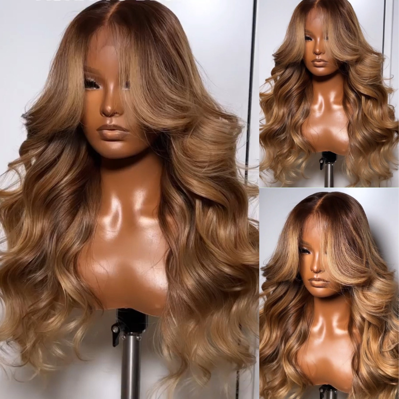 Dark Brown Curtain Bangs 13x4 Lace Front Wig Brown with Blonde Highlights Lace Front Human Hair Wigs