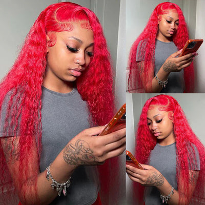 Deep Wave Red Color Lace Front Human Hair Curly Full Lace Front Human Hair 180% Lace Wigs Pre Plucked