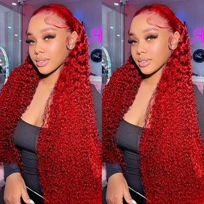 Deep Wave Red Color Lace Front Human Hair Curly Full Lace Front Human Hair 180% Lace Wigs Pre Plucked