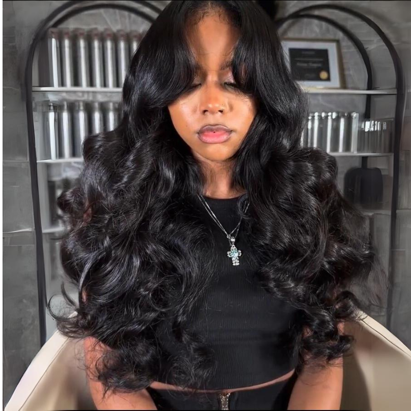 Fluffy Loose Wave Curtain Bangs Wig 13x4 Lace Front Wigs Human Hair With Bangs 250% Density