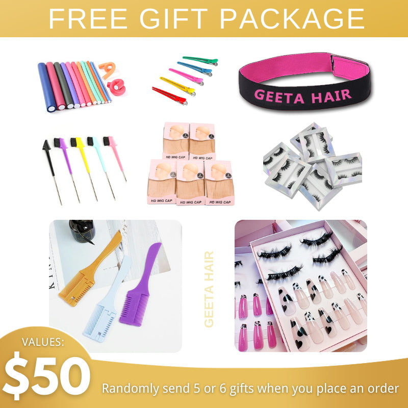 Free Gifts Package, Includes Random 3-5 Gifts:  Wig Cap, 3D Mink Eyelashes, Elastic Headband, Clips, Edge Brush etc
