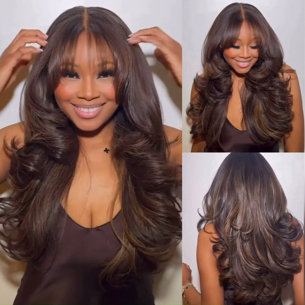 Full 300% Density Highlights Brown Loose Body Wave Wig With Bangs Glueless Wigs Human Hair