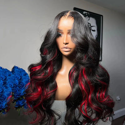 Funky Colored Wigs | Glueless 13x4/6x4.5 Highlight Red Body Wave Pre Cut HD Transaparent Lace Human Hair Wigs With Breathable Cap Air Wig-Geeta Hair