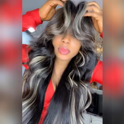 Funky Colored Wigs | Curtain Bangs Glueless Wigs Money Piece With Grey Highlight Body Wave HD Lace Wig