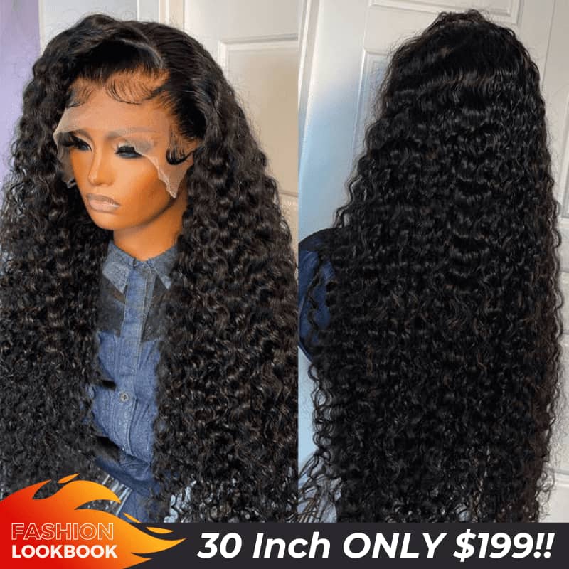 199 $ = 30 pouces Cheveux bouclés noirs 13x4 HD Lace Front Wig 100% cheveux humains vierges Perruques pré-épilées Aucun code nécessaire 