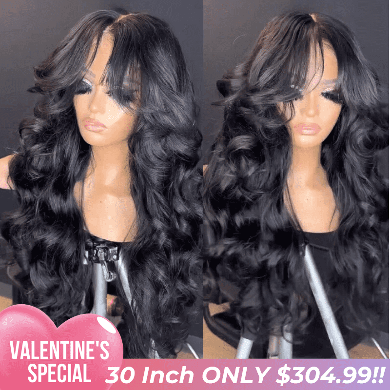 Valentine's Special Sale Full 250% Density Loose Body Wave Human Hair Wigs 13x4 Ocean Wave Lace Front Wigs with Curtain Bangs-Geeta Hair