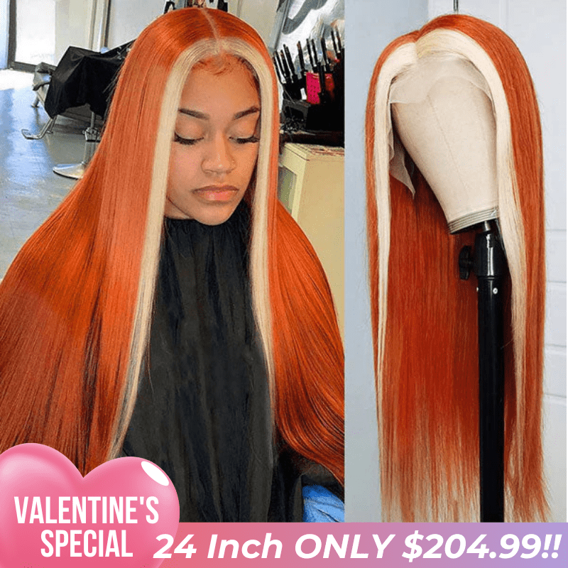 Valentine's Special Sale Ginger Color With #613 Blonde Streaks Skunk Stripe Wig Straight Hair Colored Wig Tranparent Lace Frontal 100% Virgin Human Hair Wig-Geeta Hair