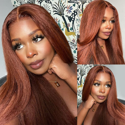 Wear Go Glueless Reddish Brown Kinky Straight 6x5 Pre Cut Lace Human Hair Wigs 180% Density