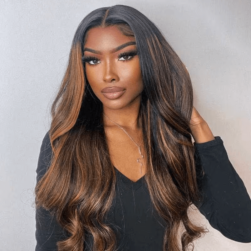 Geeta Balayage Brown Highlight 3D Body Wave 13x4 Lace Front Invisi Drawstring Put on and Go Glueless Lace Wig
