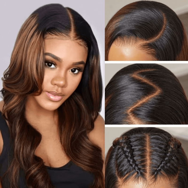 Geeta Balayage Brown Highlight 3D Body Wave 13x4 Lace Front Invisi Drawstring Put on and Go Glueless Lace Wig