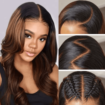 Geeta Balayage Brown Highlight 3D Body Wave 13x4 Lace Front Invisi Drawstring Put on and Go Glueless Lace Wig