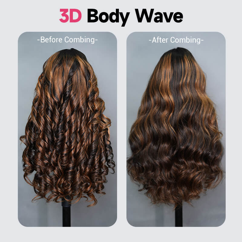 Geeta Balayage Brown Highlight 3D Body Wave 13x4 Lace Front Invisi Drawstring Put on and Go Glueless Lace Wig