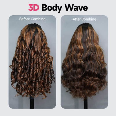 Geeta Balayage Brown Highlight 3D Body Wave 13x4 Lace Front Invisi Drawstring Put on and Go Glueless Lace Wig