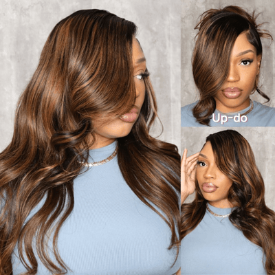 Geeta Balayage Brown Highlight 3D Body Wave 13x4 Lace Front Invisi Drawstring Put on and Go Glueless Lace Wig