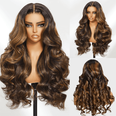 Geeta Balayage Brown Highlight 3D Body Wave 13x4 Lace Front Invisi Drawstring Put on and Go Glueless Lace Wig
