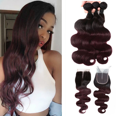 GeetaHair Brazilian Body Wave 3 Bundles With 4x4 Lace Closure Ombre Burgundy 100% Real Human Hair Extensions