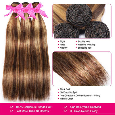 GeetaHair Highlight Brown Straight 3 Bundles With 4x4 Lace Closure Ombre Blonde 100% Real Human Hair Extensions
