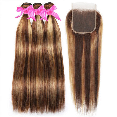 GeetaHair Highlight Brown Straight 3 Bundles With 4x4 Lace Closure Ombre Blonde 100% Real Human Hair Extensions