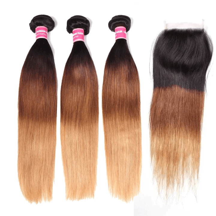 GeetaHair Ombre Blonde Straight Human Hair 3 Bundles With 4x4 Lace Closure 100% Human Hair Extension Weaves