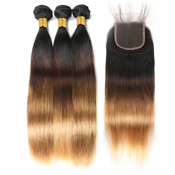 GeetaHair Straight Blonde Human Hair 3 Bundles With 4x4 Lace Closure 3Tone (T1b427) 100% Human Hair Extension Weaves
