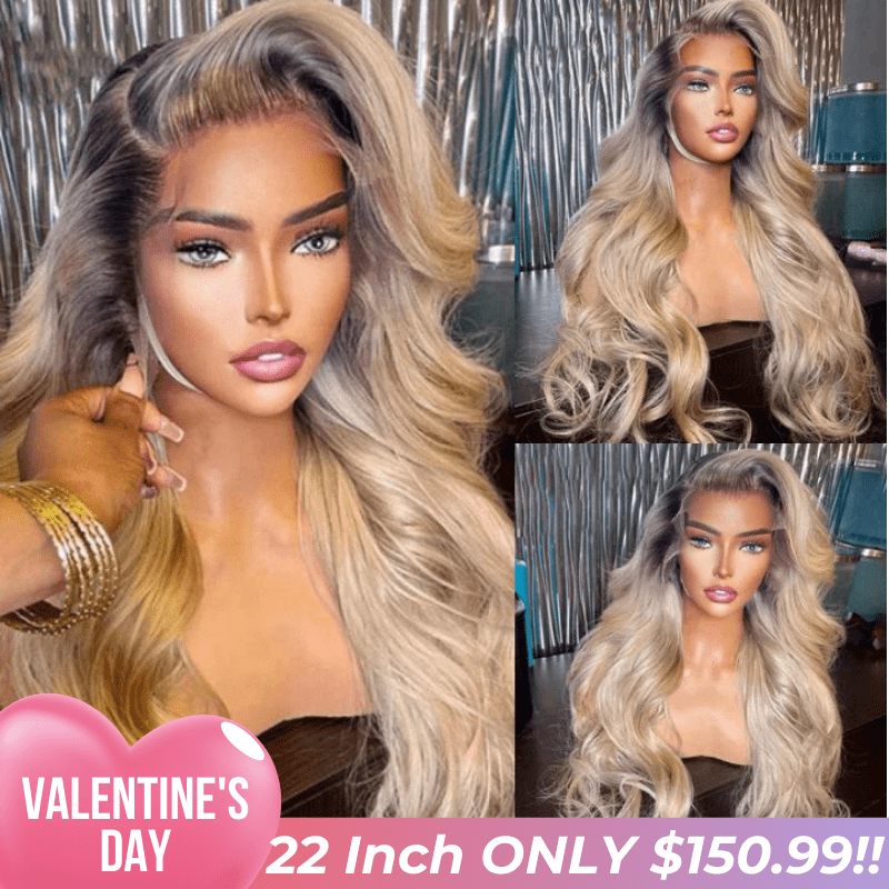 Valentine's Special Sale Highlight Ash Blonde Body Wave Lace Front Wig #613 Color Human Hair Wigs With Dark Roots-Geeta Hair