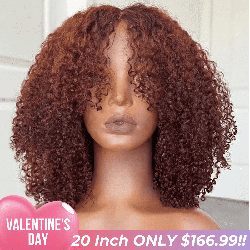 Valentine's Special Sale Curtain Bangs Glueless Wig Reddish Brown Human Hair Wig Copper Red Afro Kinky Curly Wig