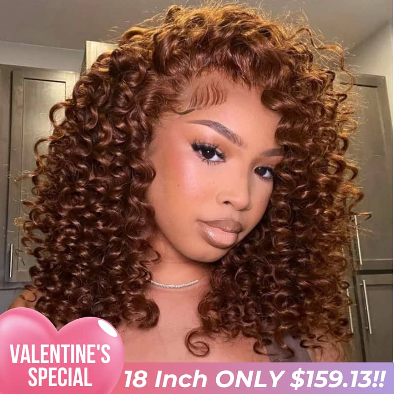 Valentine's Special Sale Chocolate Reddish Brown Ready To Wear Glueless Wigs Bouncy Curl 13x4 Lace Front Human Hair Wig Pre Plucked 250% Density