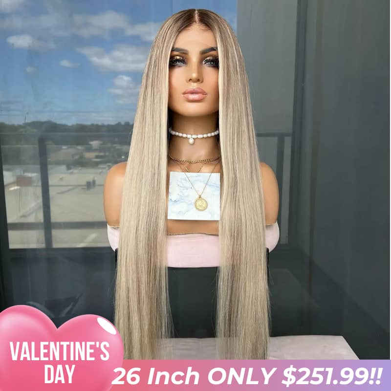 Valentine's Special Sale Highlight Ash Blonde Human Hair Wig Straight 13x4 Lace Front Ash Blonde Wig with Dark Roots Pre Plucked