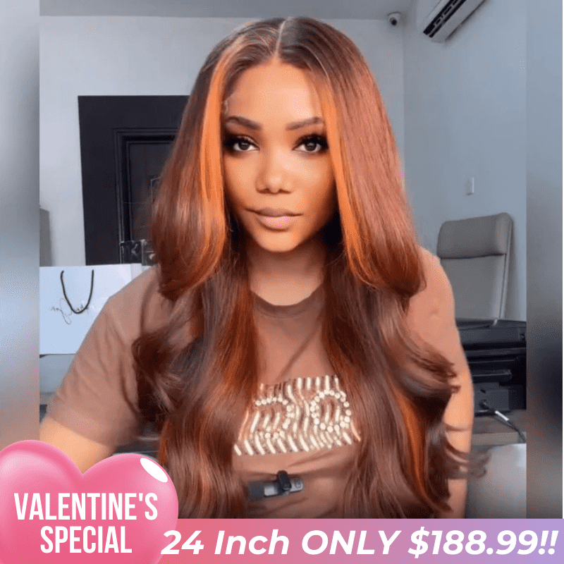 Valentine's Special Sale Dark Brown Highlight Body Wave HD Transparent Lace Front Wig Copper Color Face Frame Highlights Human Hair Wigs