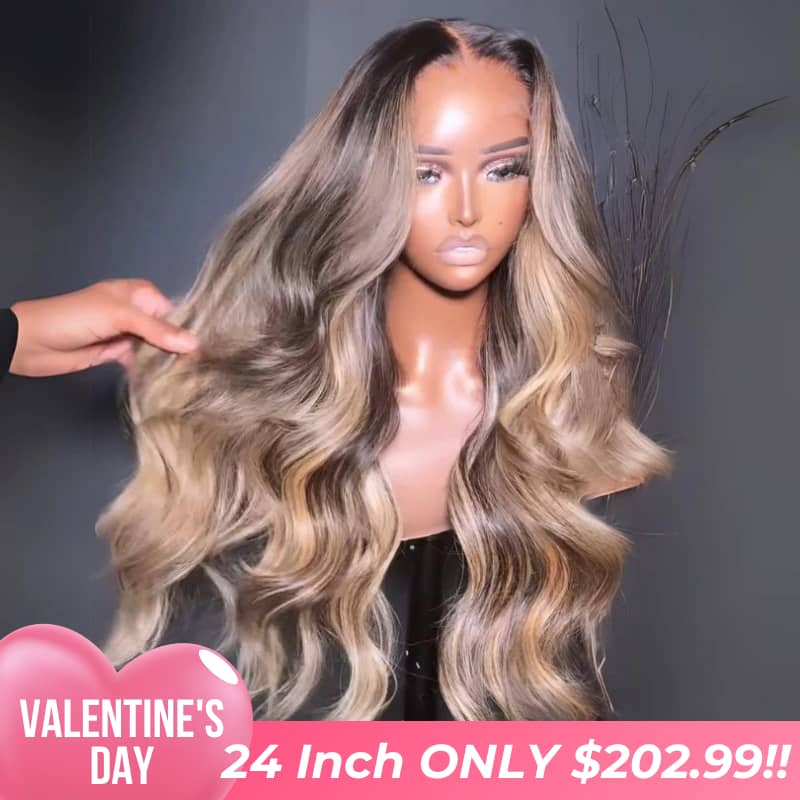 Valentine's Special Sale Highlight Blonde With Black Root Colored Wig 13X4 Lace Front Wig0 Human Hair Transparent Wig Pre Plucked