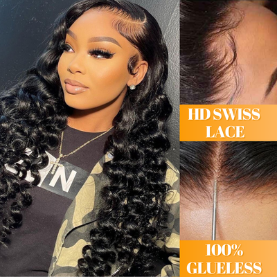 Glueless 13x4/6x4.5 Loose Deep Wave Pre Cut HD Transaparent Lace 100% Virgin Human Hair Wigs With Breathable Wear & Go Pre Plucked Hairline Cap Air Wig-Geeta Hair