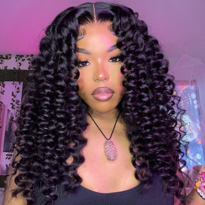 Glueless Bouncy Curly Hair 13x4 Transparent Lace Front Wig Pre Plucked Hairline Wand Curl Human Hair wigs-Geeta Hair