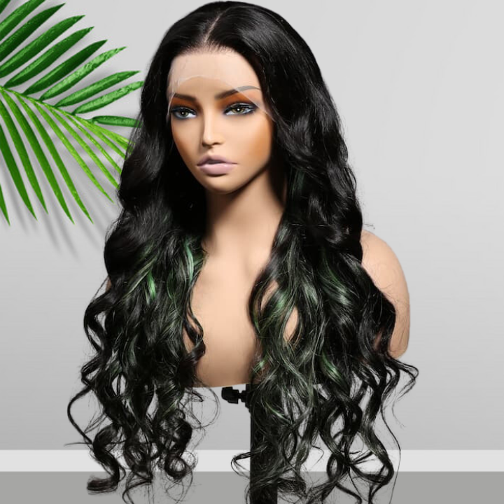 Glueless Peekaboo Highlights Green New Trendy Body Wave 13x4 Lace Front Wig Colored Highlight Human Hair Wigs-Geeta Hair