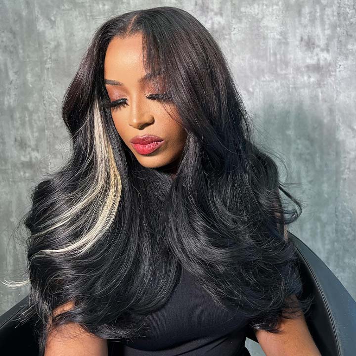 Grey With Black Highlight Straight Wig 13x4 Lace Frontal Wig Mix Color ...