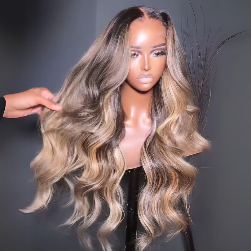 Highlight Blonde mit schwarzer Wurzel farbige Perücke 13 x 4 Lace Front Perücke menschliches Haar transparente Perücke vorgezupft